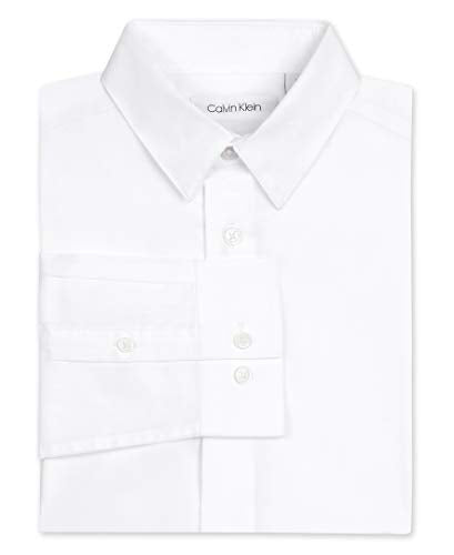 Calvin Klein Boys' Long Sleeve Sateen Dress Shirt, Button-Down Style with Buttoned Cuffs & Shirttail Hem, White, 14