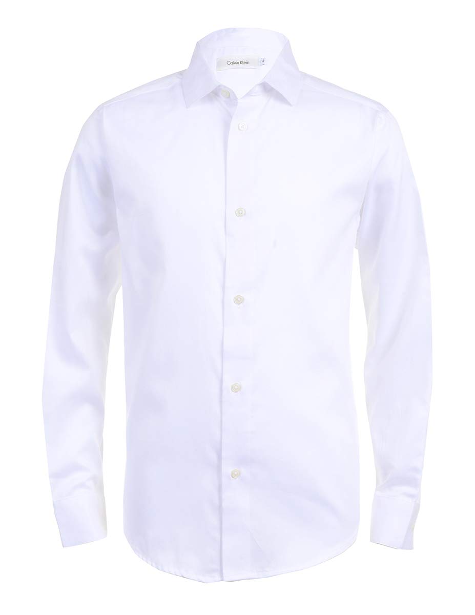 Calvin Klein Boys' Long Sleeve Sateen Dress Shirt, Button-Down Style with Buttoned Cuffs & Shirttail Hem, White, 14
