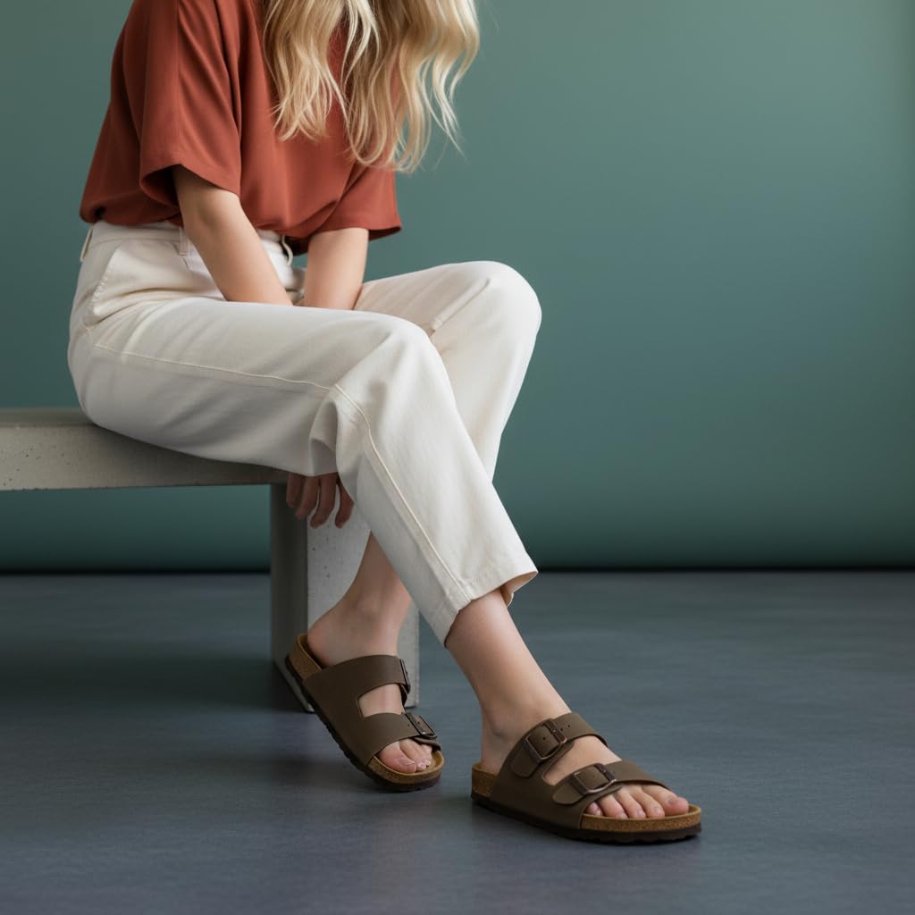 CUSHIONAIRE Lane Cork Footbed Sandals for Women – Comfortable Double Buckle Slip-On with Genuine Suede Footbed & Arch Support Slides for Women Footwear, BROWN 8