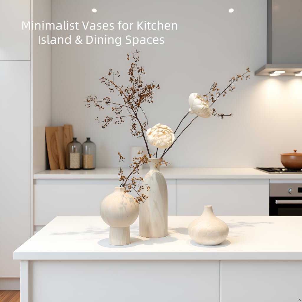 White Ceramic Vase Set of 3 – Stone-Look Textured