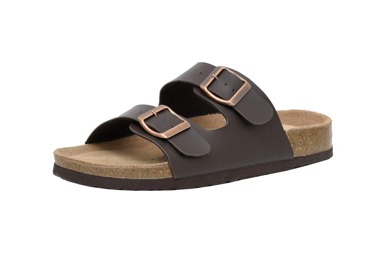 CUSHIONAIRE Lane Cork Footbed Sandals for Women – Comfortable Double Buckle Slip-On with Genuine Suede Footbed & Arch Support Slides for Women Footwear, BROWN 8