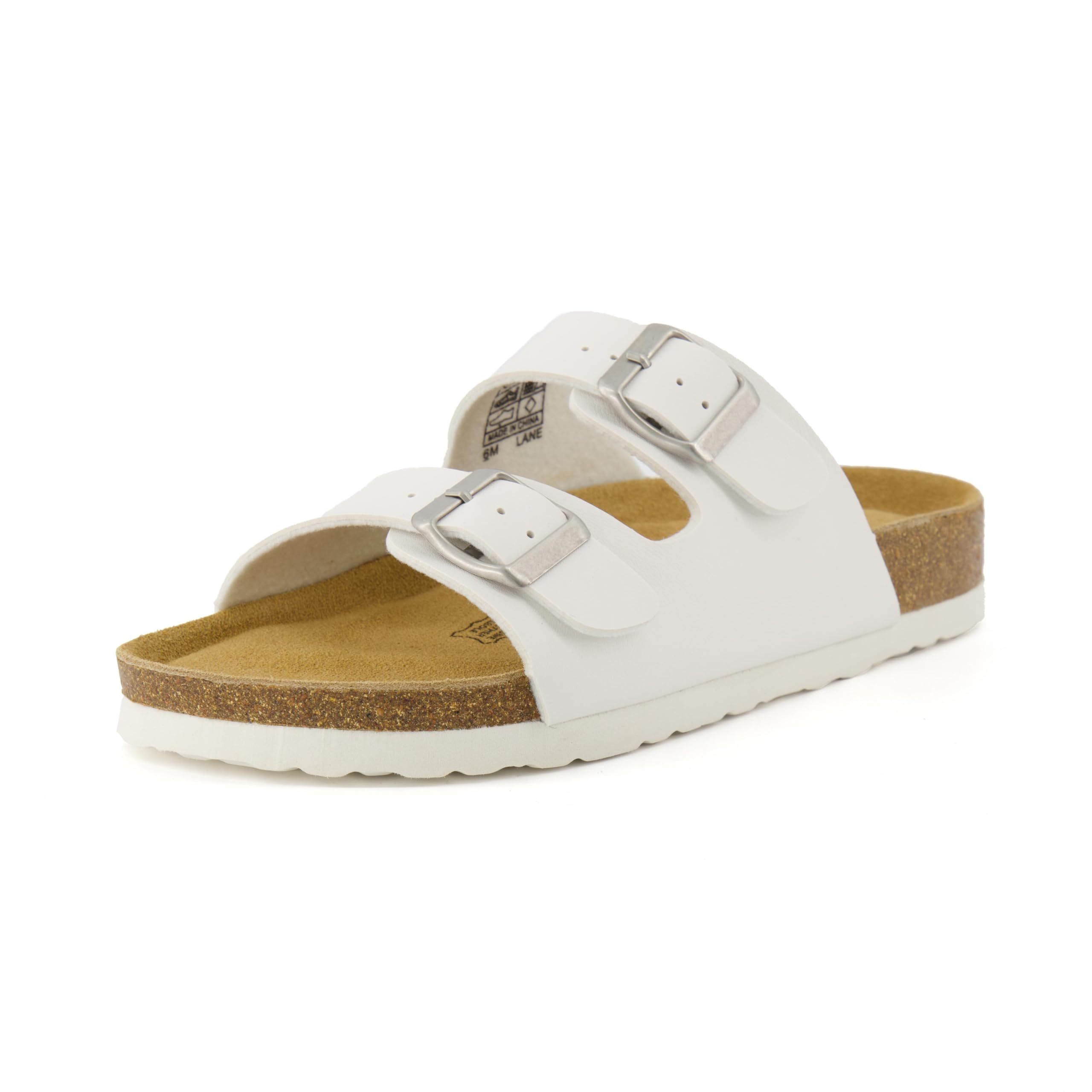 CUSHIONAIRE Lane Cork Footbed Sandals for Women – Comfortable Double Buckle Slip-On with Genuine Suede Footbed & Arch Support Slides for Women Footwear, WHITE 8