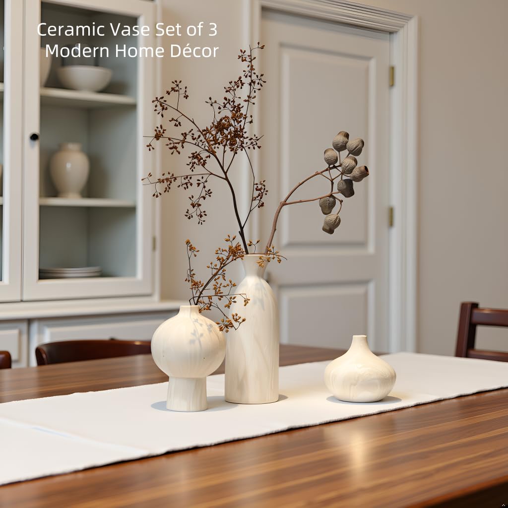 White Ceramic Vase Set of 3 – Stone-Look Textured