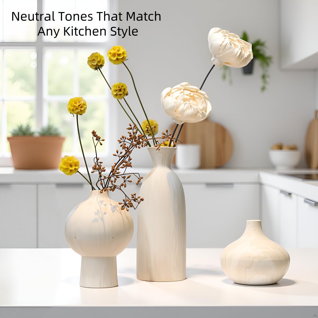 White Ceramic Vase Set of 3 – Stone-Look Textured