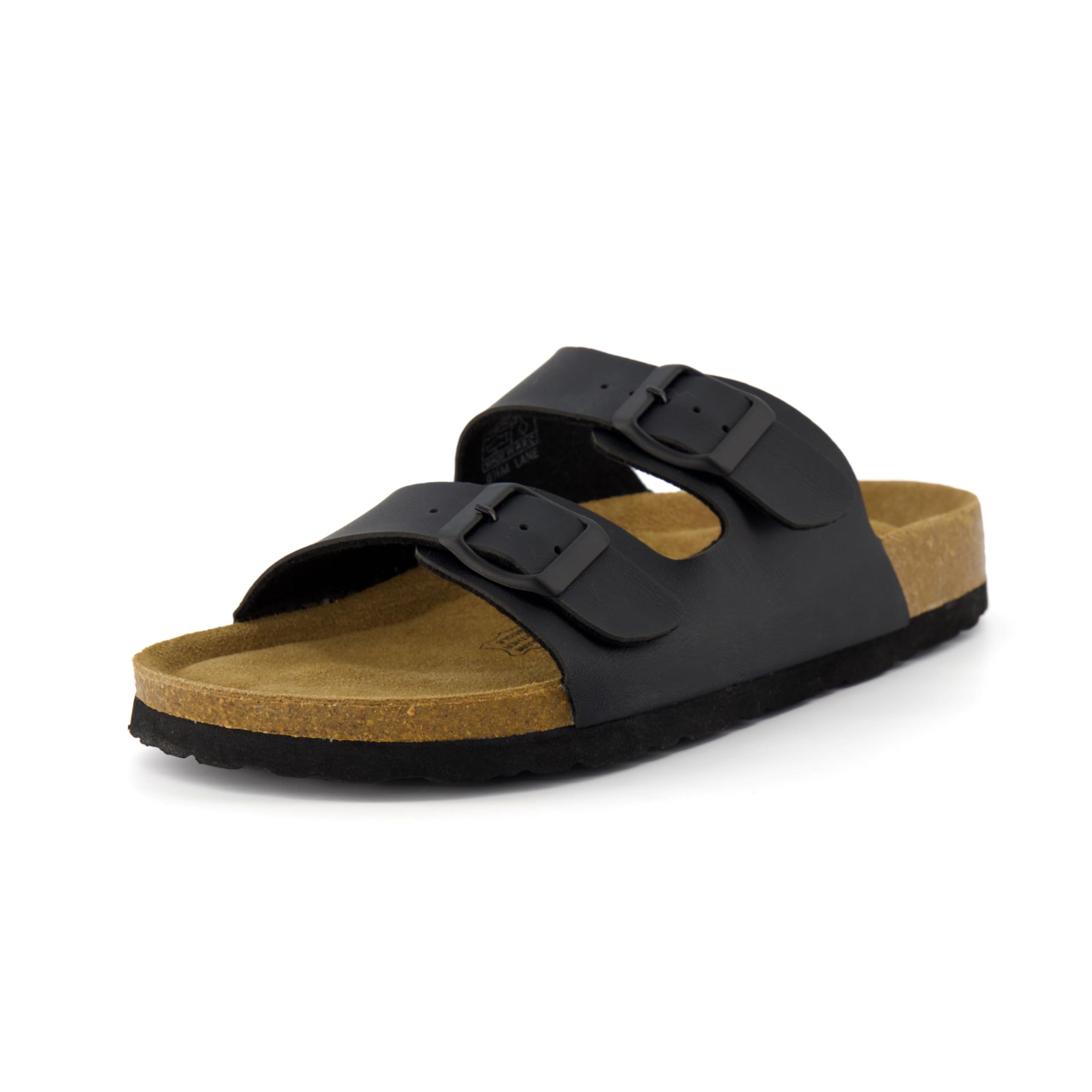 CUSHIONAIRE Lane Cork Footbed Sandals for Women – Comfortable Double Buckle Slip-On with Genuine Suede Footbed & Arch Support Slides for Women Footwear, BLACK 8