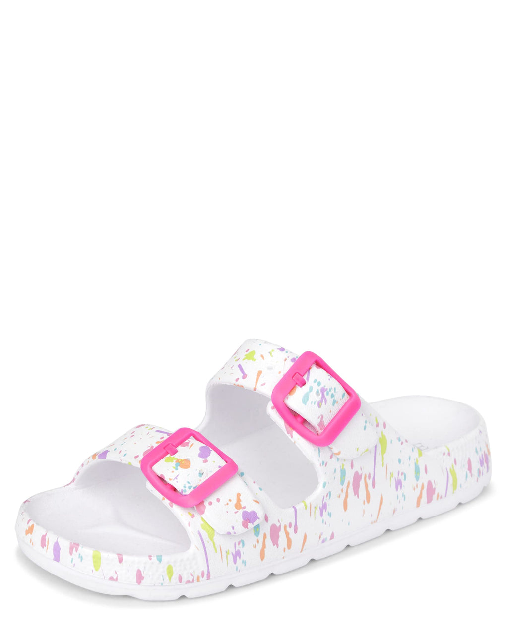 The Children's Place Girls Double Buckle Slip On Slide Sandals, White Paint Splatter, 13 Little Kid