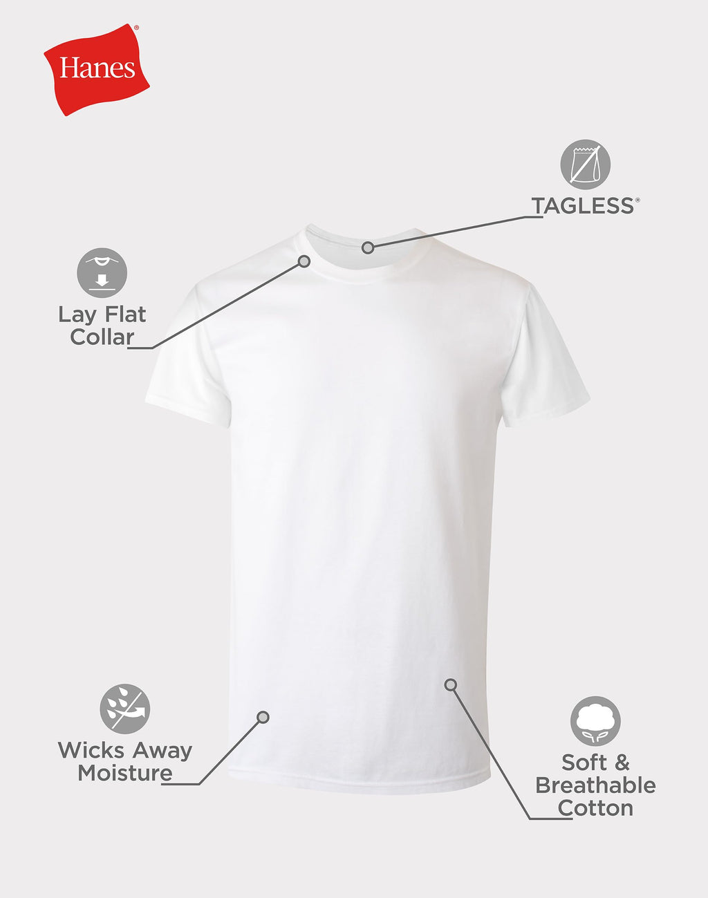 Hanes Mens Cotton, Moisture-wicking Crew Tee Undershirts, Multi-packs, White - 6 Pack, Large US