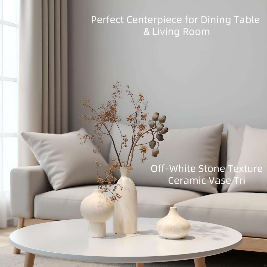 White Ceramic Vase Set of 3 – Stone-Look Textured