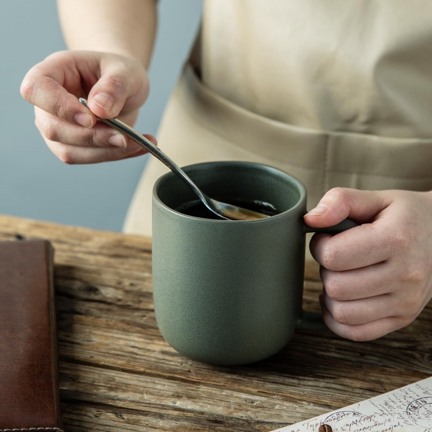 Ceramic Coffee Mugs Set of 6 – 14oz Wavy Rim Reactive Glaze