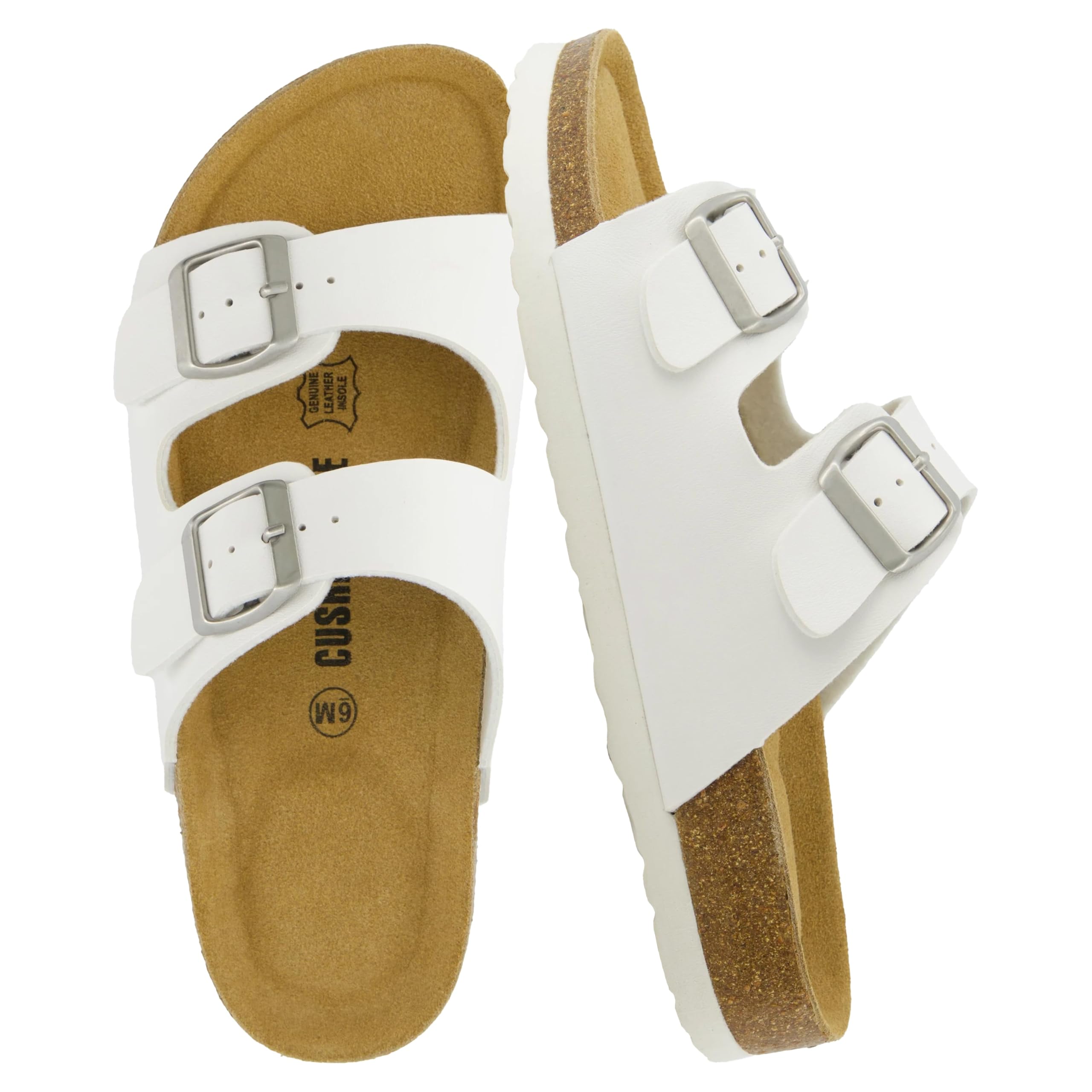 CUSHIONAIRE Lane Cork Footbed Sandals for Women – Comfortable Double Buckle Slip-On with Genuine Suede Footbed & Arch Support Slides for Women Footwear, WHITE 8