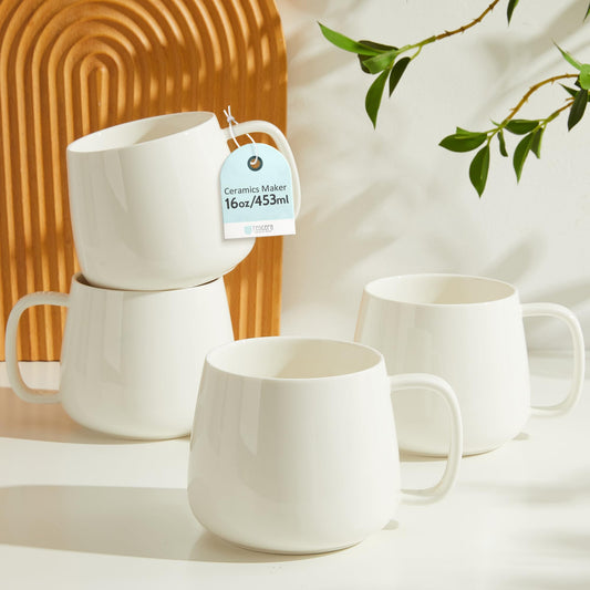 Ceramic Coffee Mugs Set of 4 – 16oz Stackable White