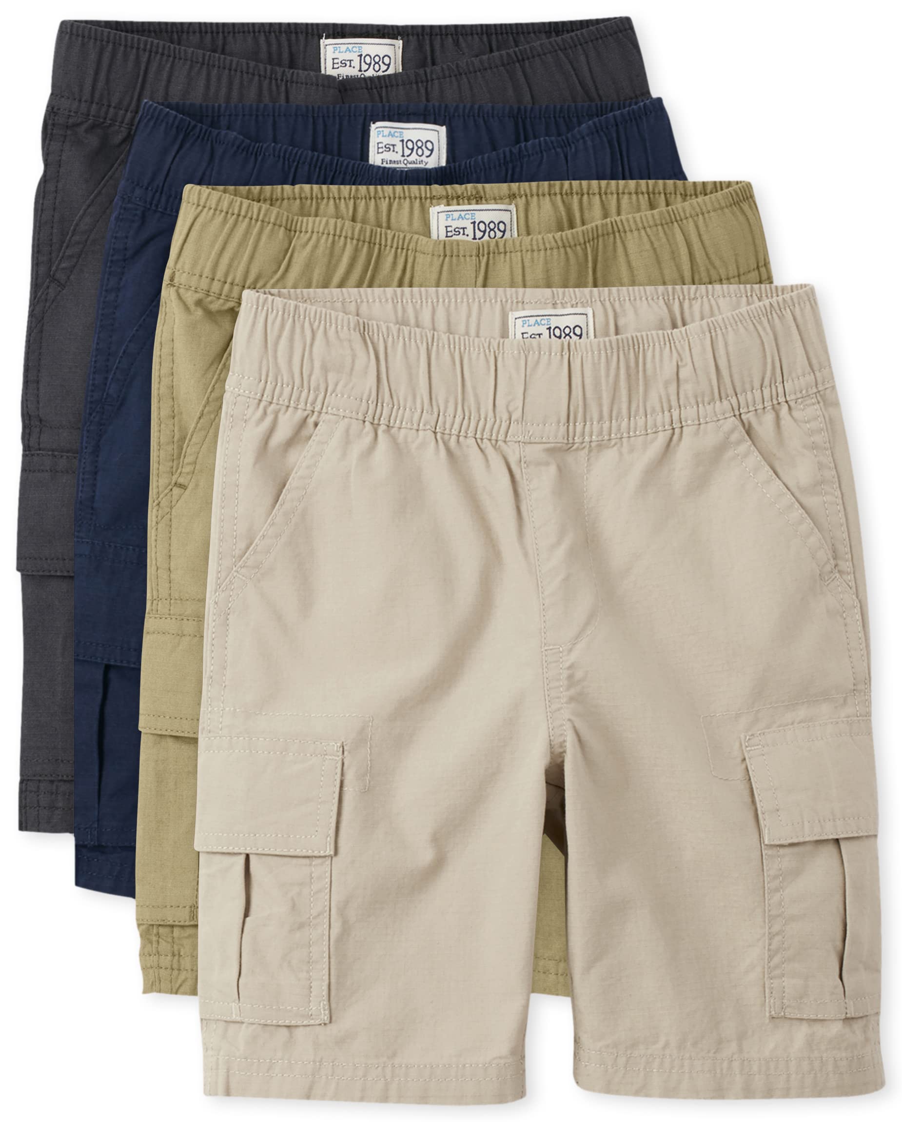The Children's Place Boys Pull on Cargo Shorts,Flax/Sandwash/Tidal/Washed Black 4 Pack,10