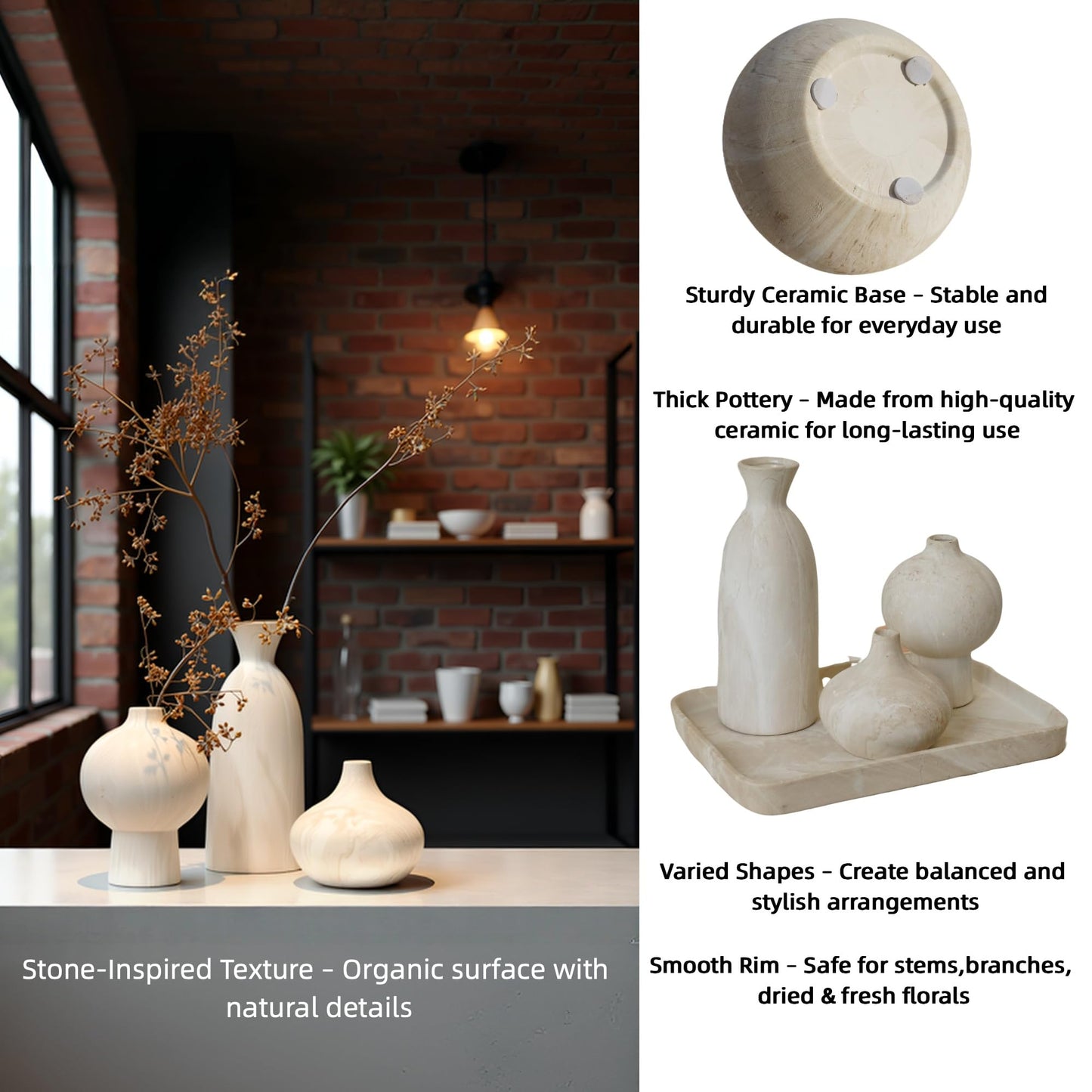 White Ceramic Vase Set of 3 – Stone-Look Textured