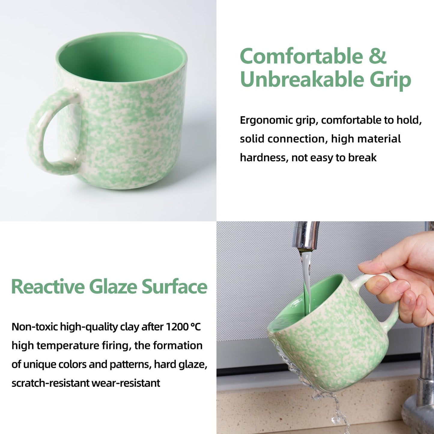 Ceramic Coffee Mugs Set of 4 – 12oz Green with Handle