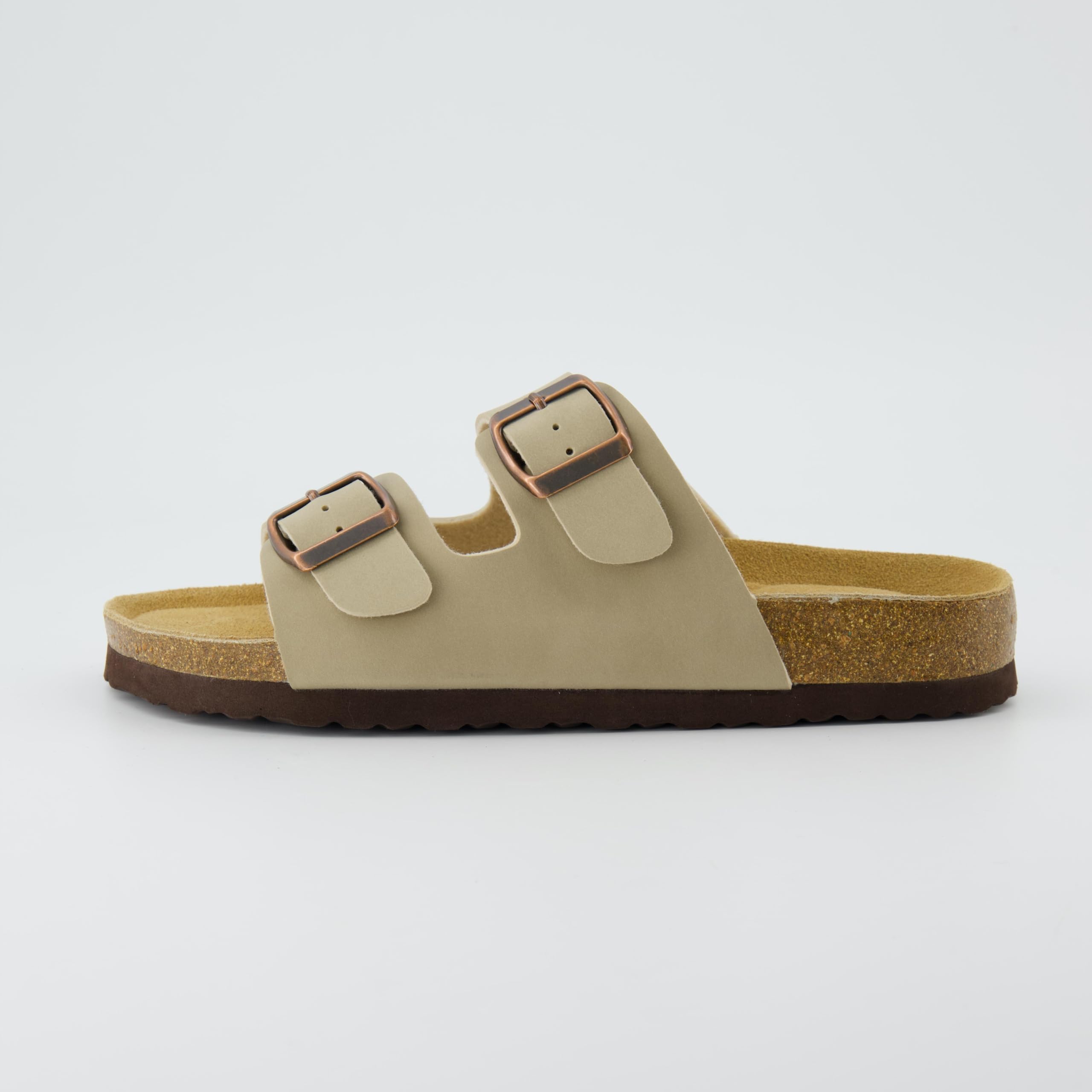CUSHIONAIRE Lane Cork Footbed Sandals for Women – Comfortable Double Buckle Slip-On with Genuine Suede Footbed & Arch Support Slides for Women Footwear, STONE 8