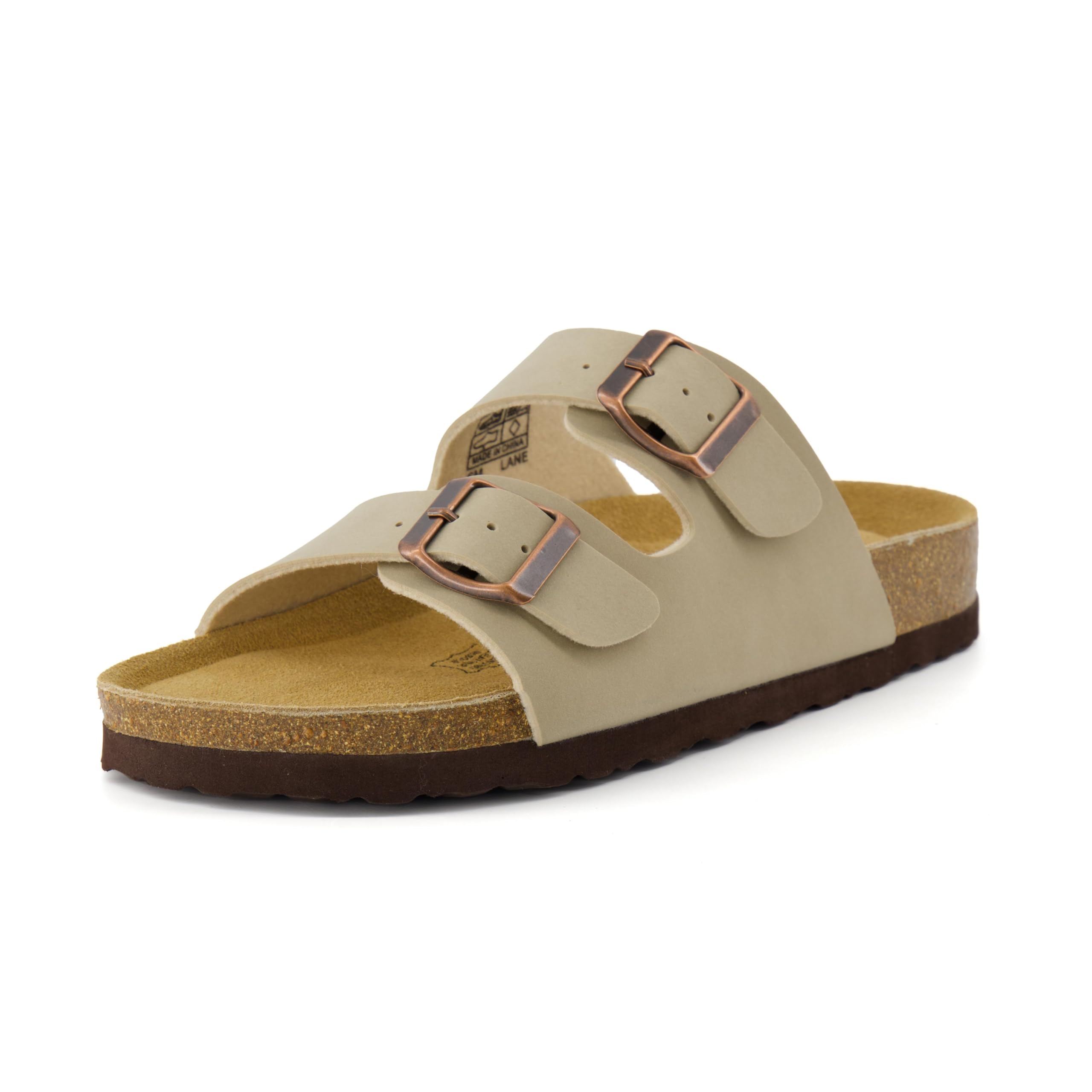 CUSHIONAIRE Lane Cork Footbed Sandals for Women – Comfortable Double Buckle Slip-On with Genuine Suede Footbed & Arch Support Slides for Women Footwear, STONE 8