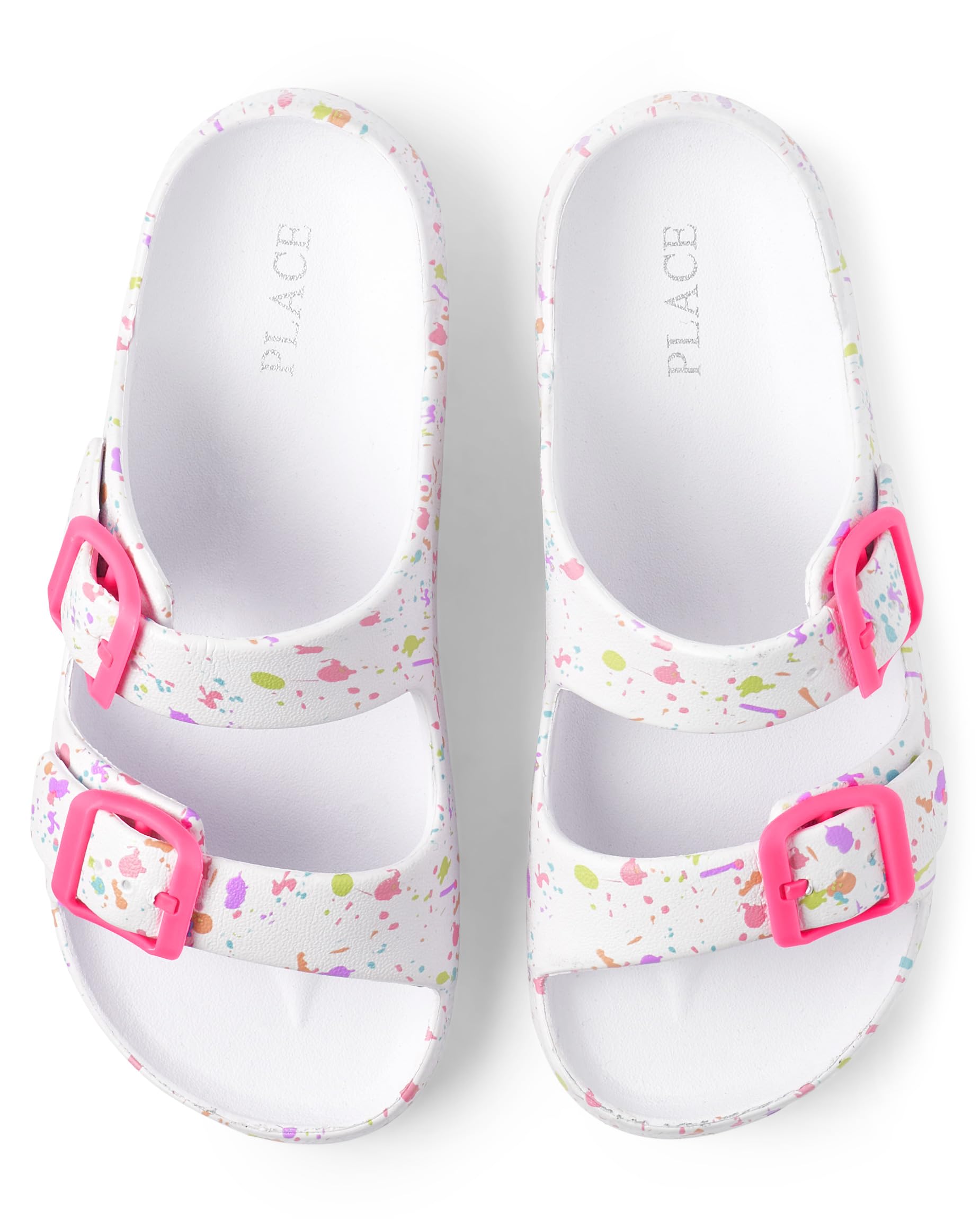 The Children's Place Girls Double Buckle Slip On Slide Sandals, White Paint Splatter, 13 Little Kid