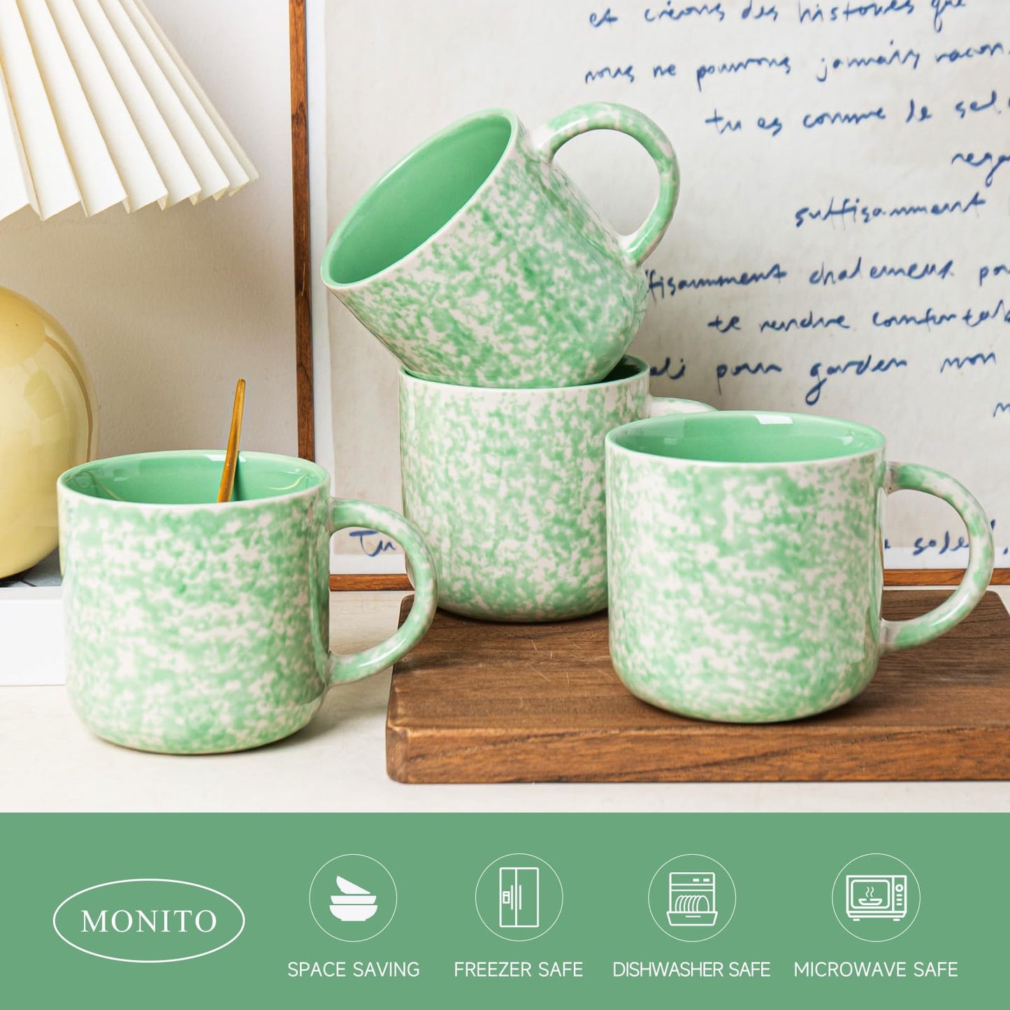 Ceramic Coffee Mugs Set of 4 – 12oz Green with Handle
