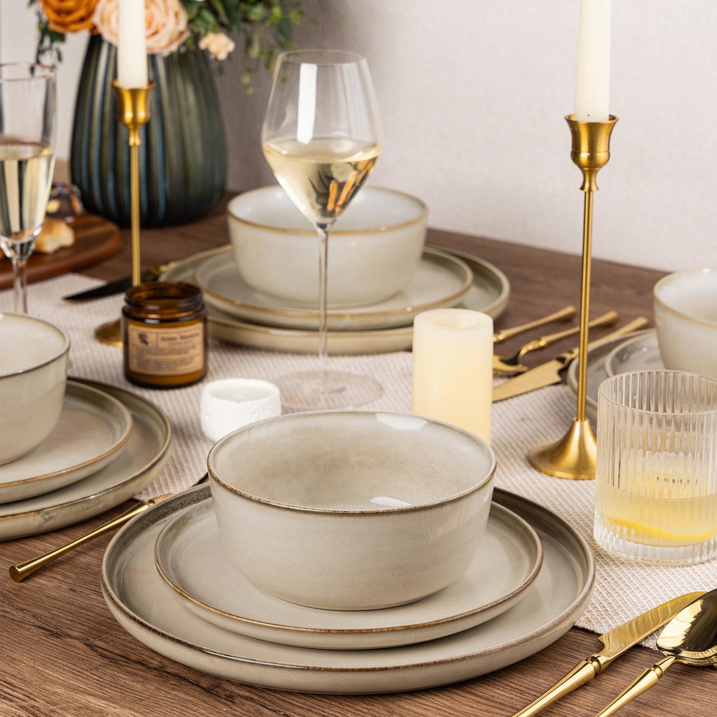 Stoneware Dinnerware Set – Reactive Glaze Plates & Bowls, Service for 8
