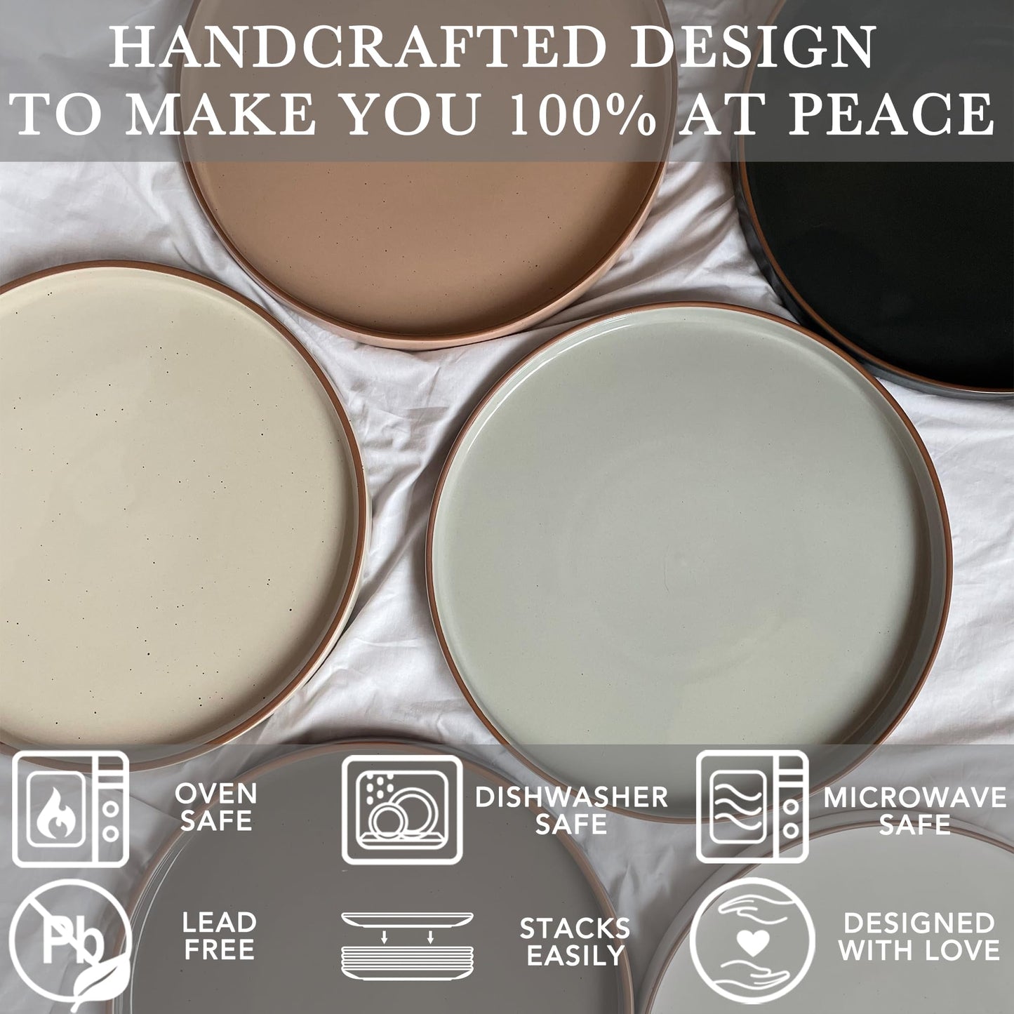 Ceramic Flat Plates Set of 6 – 8 Inch Neutral Porcelain