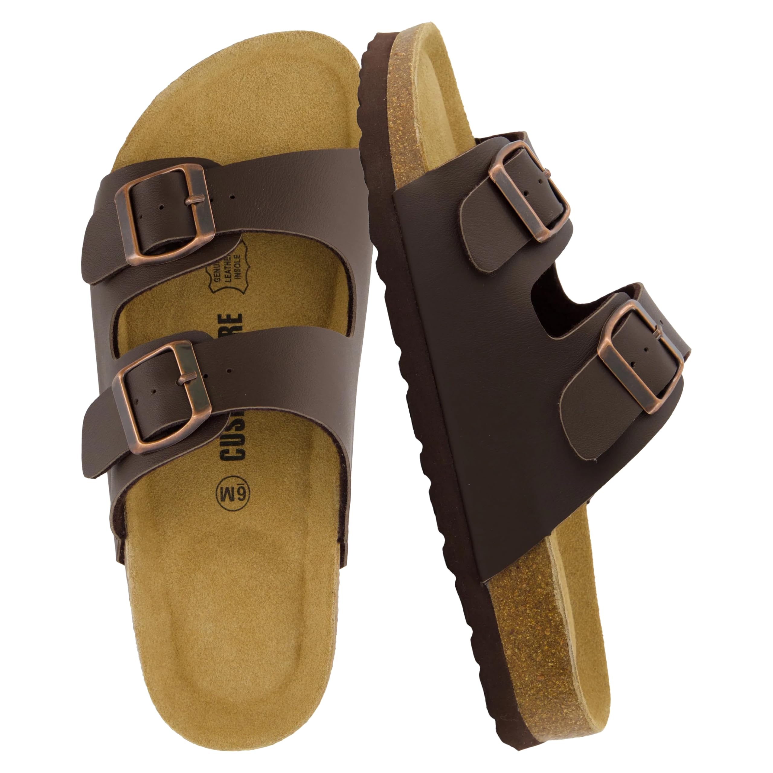 CUSHIONAIRE Lane Cork Footbed Sandals for Women – Comfortable Double Buckle Slip-On with Genuine Suede Footbed & Arch Support Slides for Women Footwear, BROWN 8