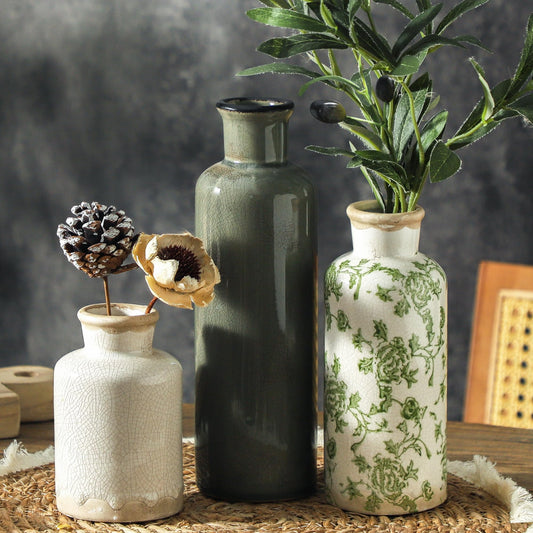 Vintage Ceramic Vase Set of 3 – Green and Beige