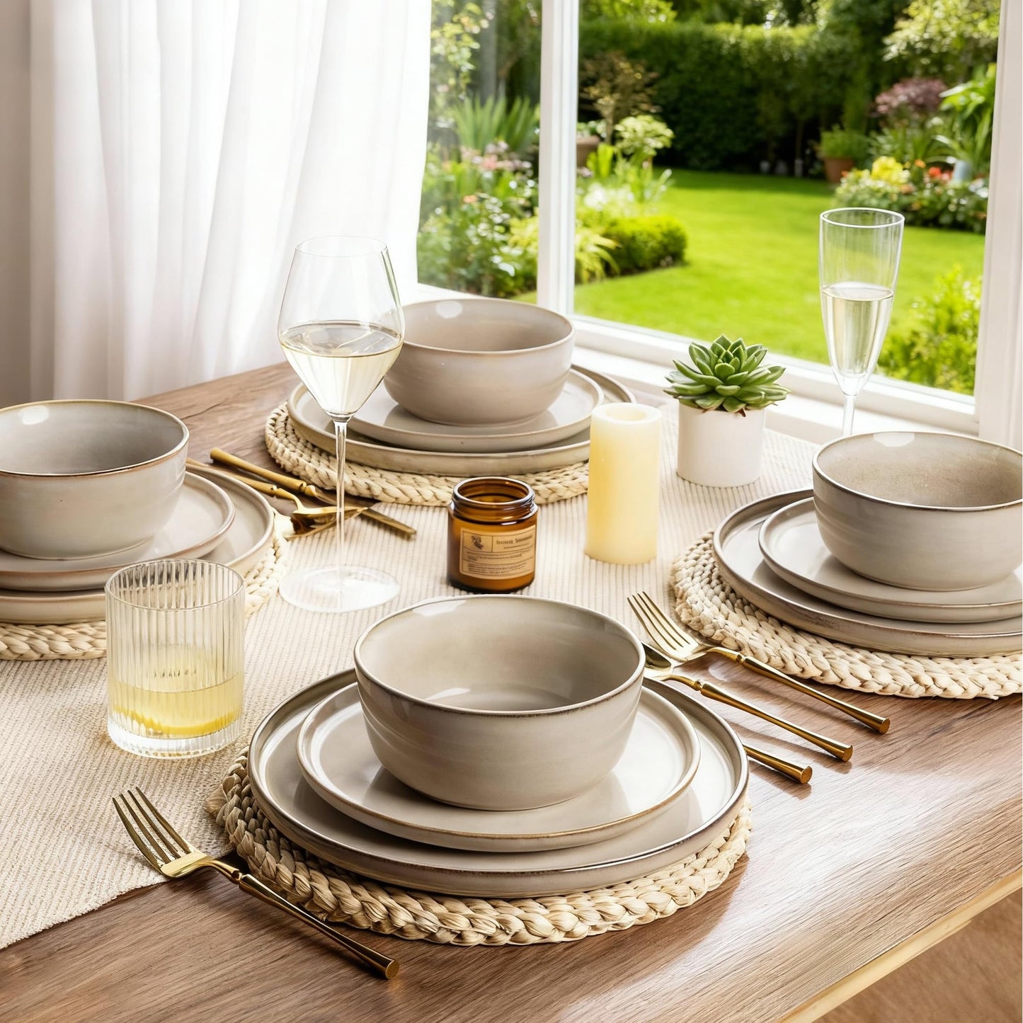 Stoneware Dinnerware Set – Reactive Glaze Plates & Bowls, Service for 8