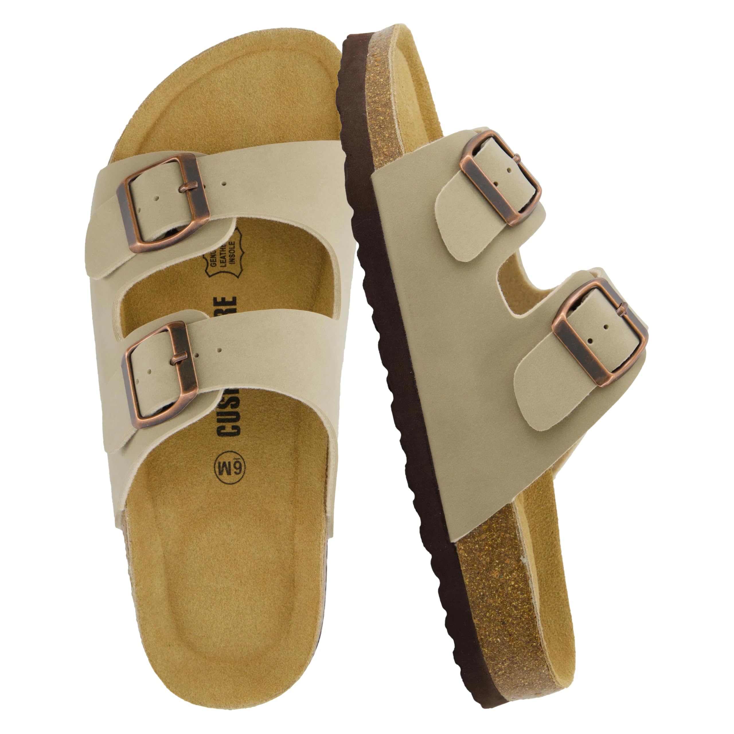 CUSHIONAIRE Lane Cork Footbed Sandals for Women – Comfortable Double Buckle Slip-On with Genuine Suede Footbed & Arch Support Slides for Women Footwear, STONE 8