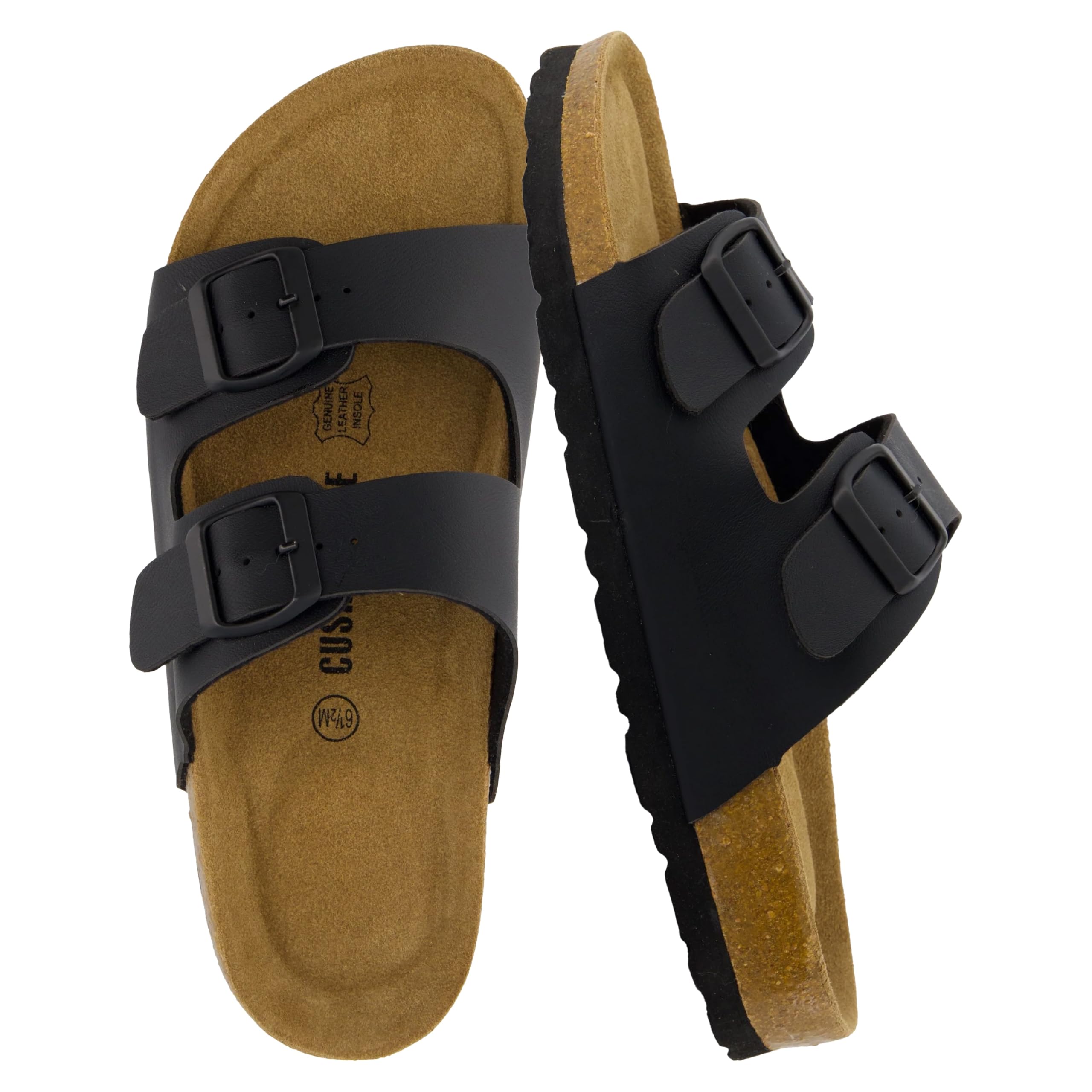 CUSHIONAIRE Lane Cork Footbed Sandals for Women – Comfortable Double Buckle Slip-On with Genuine Suede Footbed & Arch Support Slides for Women Footwear, BLACK 8