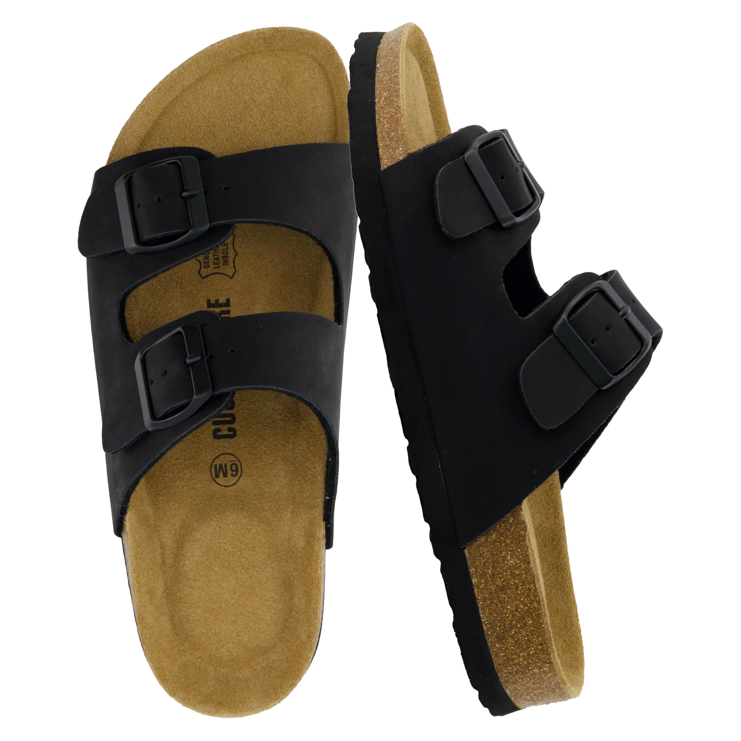 CUSHIONAIRE Lane Cork Footbed Sandals for Women – Comfortable Double Buckle Slip-On with Genuine Suede Footbed & Arch Support Slides for Women Footwear, BLACK 8