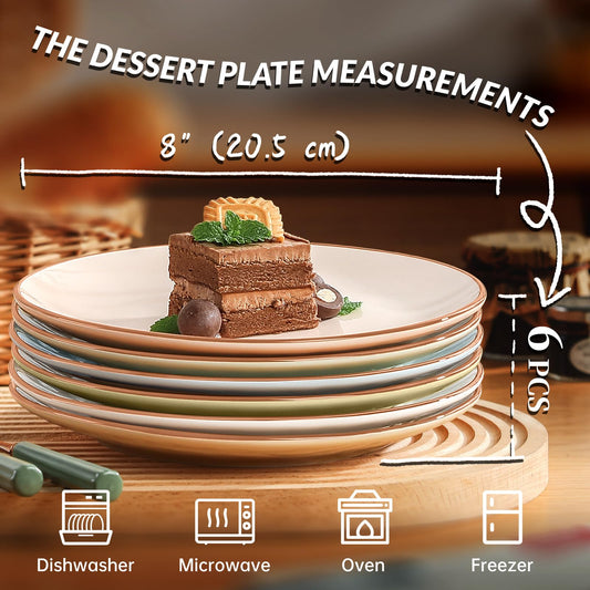 Ceramic Dessert Plates Set of 6 – 8 Inch Colorful Assorted